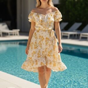 Charlotte Russe Asymmetrical Floral Dress - Cream and Gold